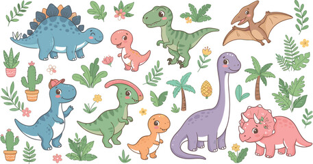 Cute Cartoon Baby Dinosaur Vector Clipart Set with Tyrannosaurus Rex Triceratops Brachiosaurus and Stegosaurus Elements for Kids Prehistoric Designs © rihan