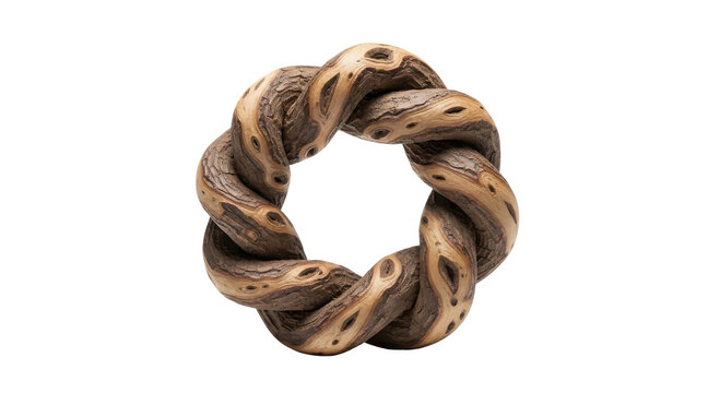 A twisted, natural wooden ring or wreath-like object with organic patterns, isolated on a white background.