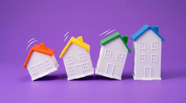 Four colorful miniature toy houses leaning against each other on a solid purple background surface