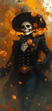 Mysterious Skeleton Character in Vintage Black Costume Surrounded by Golden Leaves and Roses