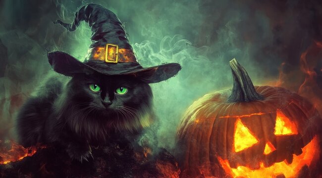 Mysterious Black Cat Familiar in Wizard Hat Sitting Near Glowing Halloween Pumpkin Lantern