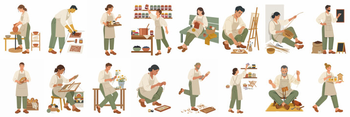 Obraz premium Flat vector illustration collection of diverse people engaged in various creative hobbies, arts, and crafts, wearing aprons and using various tools.