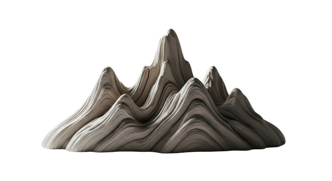 Abstract sculptural representation of a mountain range with textured, layered peaks on a white background.