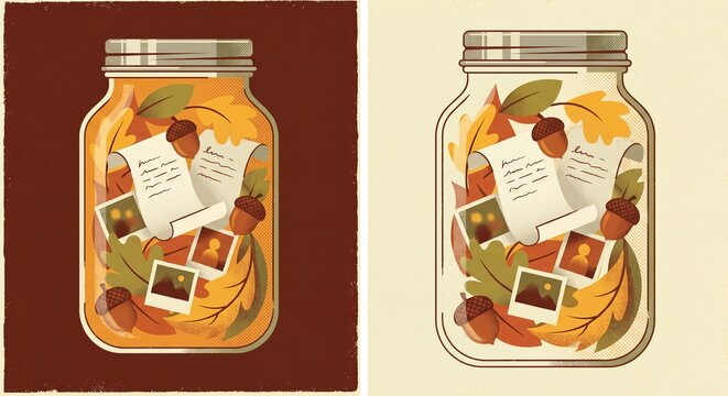 Mason jar filled with autumn leaves acorns and old photographs during warm golden hour light concept
