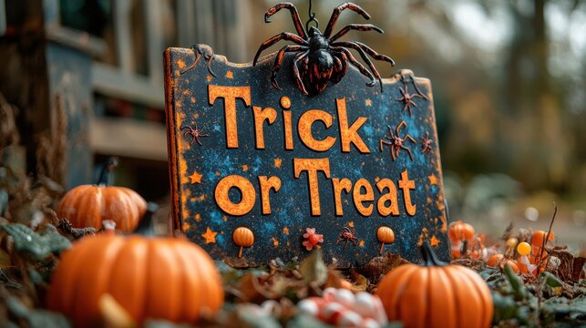Vintage Trick or Treat Sign Board Surrounded by Spooky Spiders and Small Pumpkins in Fall Garden