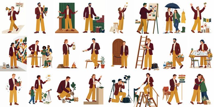 Comprehensive collection of flat illustrations featuring a male character in various professional, social, and personal life scenarios on a white background.