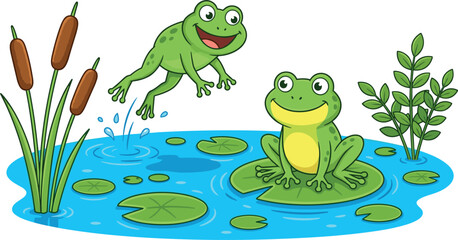 Fototapeta premium Cute Cartoon Frog Pond Vector Illustration Featuring Happy Jumping Frogs Lily Pads and Cattails for Kids Educational Nature Book Designs