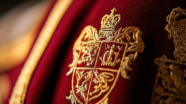 Close-up deep crimson horse caparison, gold heraldic embroidery, silk velvet, soft window light