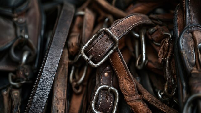 Worn leather horse tack discarded in dust, cracked texture and rusted metal buckles, soft sidelight, shallow depth
