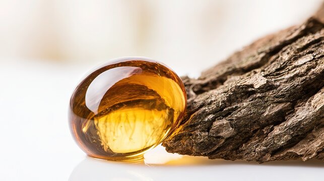 Golden copal resin drop on rough bark, placed on pure white acrylic tabletop, macro close-up, soft studio light, blurred pale background, shallow depth, ample side negative space, realistic amber and 