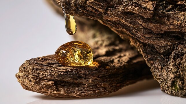 Bright studio still life: golden copal resin drop on rough bark, white acrylic, macro close-up, soft even light, blurred pale background, shallow depth, wide side negative space, realistic amber wood 