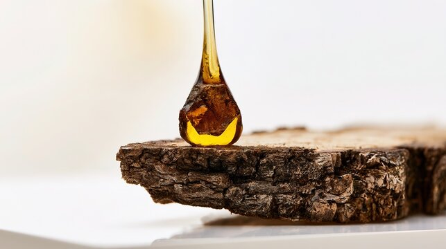 Single golden copal resin drop with rough bark, macro close-up on clean white acrylic surface, soft even studio light, pale blurred background, shallow depth, side negative space, realistic amber and 