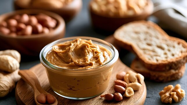 A glass jar of creamy peanut butter sits on a wooden board with slices of bread and scattered peanuts around it