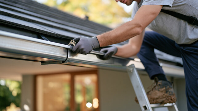 Gutter installer on a ladder pressing a seamless aluminum section into a fascia bracket, extreme close up of gloved hands crimping a corner joint, roofline against warm interior