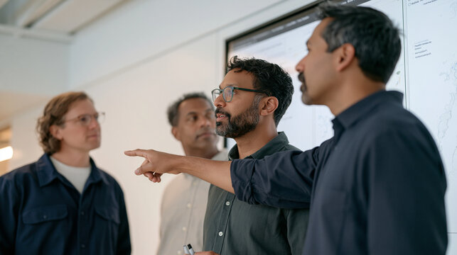 A diverse hydrology team in a minimalist white studio review parametric crop insurance rainfall models projected on a large wall screen, pointing to watershed maps with technical