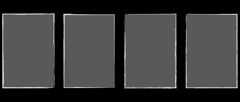 Four rectangular photo frames featuring hand drawn rough white borders set on black background for displaying pictures or artistic content projects