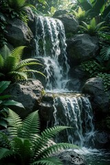 Fototapeta premium Beautiful waterfall flows over dark volcanic rocks in rich public park. Clear water splashes through green ferns, tropical plants. Peaceful nature scenery provides calm atmosphere for relaxation.