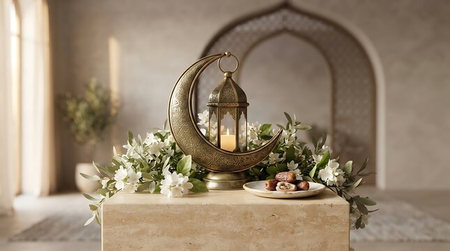Ramadan crescent moon lantern with dates and flowers