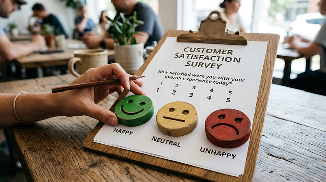 Customer satisfaction survey form with feedback rating icons on clipboard