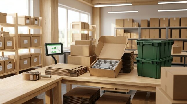 Logistics packing station in warehouse featuring digital screen terminal cardboard delivery boxes green plastic storage bins and adhesive tape gun