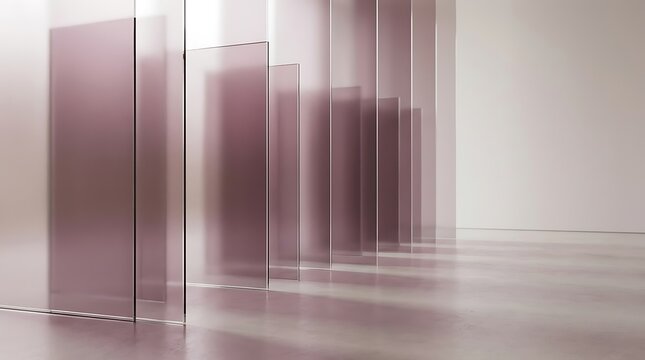 A minimalist composition of receding translucent purple panels creating depth and light reflections on a polished surface.