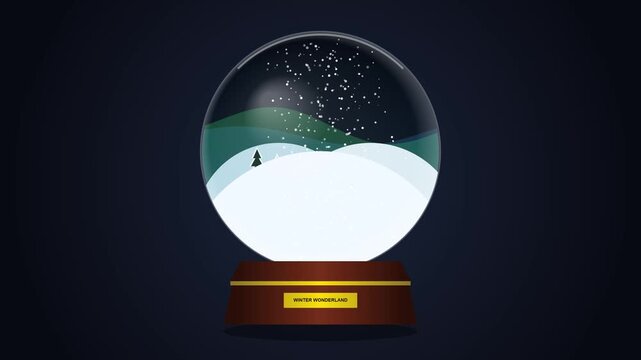 Winter wonderland snow globe animation with falling snow and a small green pine tree inside