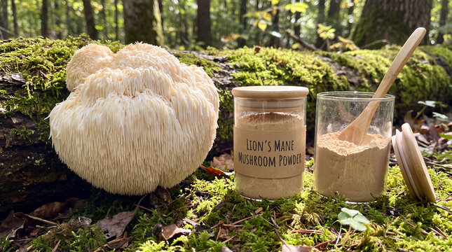 Beautiful fresh lions mane mushroom and glass jars of organic extract powder on a mossy log in a green forest, alternative natural medicine, healthy vegan lifestyle, holistic nutrition.