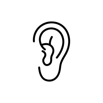 Human ear contour illustration using minimalist black lines to represent hearing sense and auditory canal anatomy on transparent checkered background grid.