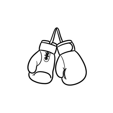 Hanging boxing gloves line art vector drawing represents professional combat sports physical fitness training champion motivation and athletic gear design layout.