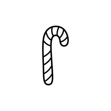 Black outline drawing of a candy cane, a simple hand-drawn doodle style illustration perfect for christmas, holiday, and sweet treat concepts.