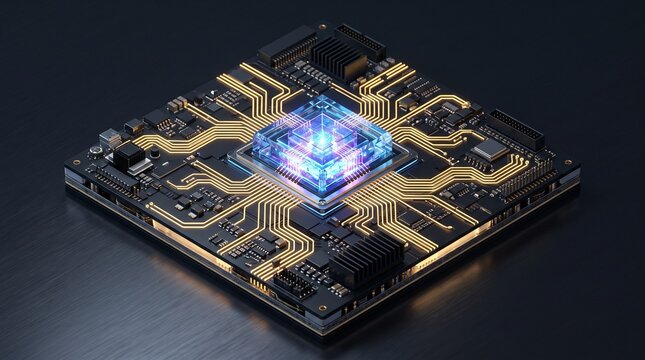3D isometric render of a futuristic quantum computing processor microchip.