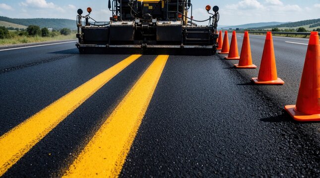 Heavy paving machine lays fresh black asphalt on highway road. Construction vehicle works near bright orange traffic cones with yellow double lines. Industrial machinery repairs pavement surface at