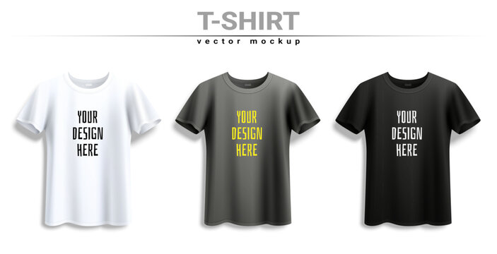 Mockup display of white, gray, and black t-shirts with customizable text design