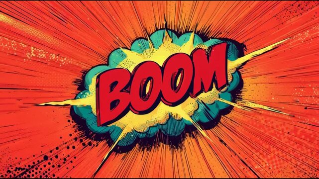 Boom Comic Pop Art Pulsating Speech Bubble on Vibrant Red Burst Background Retro Dynamic Loop