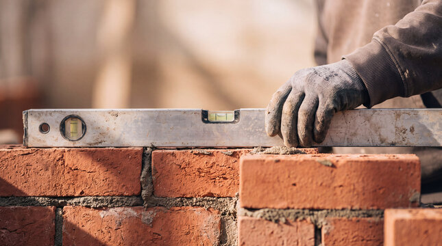 Mason checking the alignment of a brick wall with a spirit level, precise construction work, skilled craftsmanship, building renovation, professional masonry and structural repair.