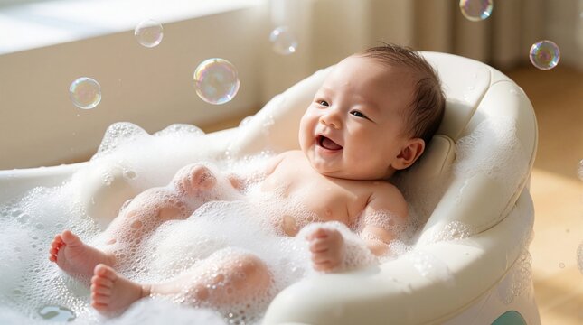 Happy smiling baby enjoys bath time in white plastic infant tub. Cute newborn plays with soap bubbles, foam in bright bathroom. Toddler experiences fun hygiene routine with water splashes. Healthy