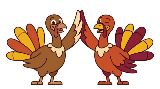 Two cartoon turkeys giving each other a high five in celebration