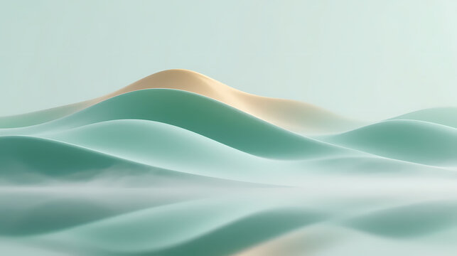 Abstract green-gold waves on soft blue background
