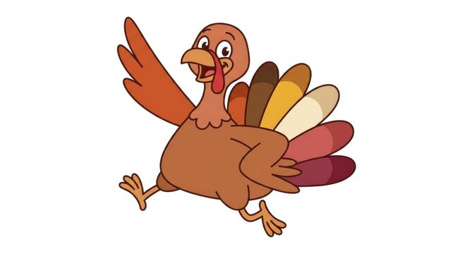 Cartoon turkey running with wings spread isolated on a white background