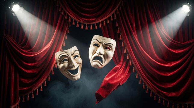 Comedy, tragedy theatrical masks float in front of red velvet curtains. Two drama masks show happy, sad emotions. Bright spotlights shine through stage smoke on dark background. Classic opera house
