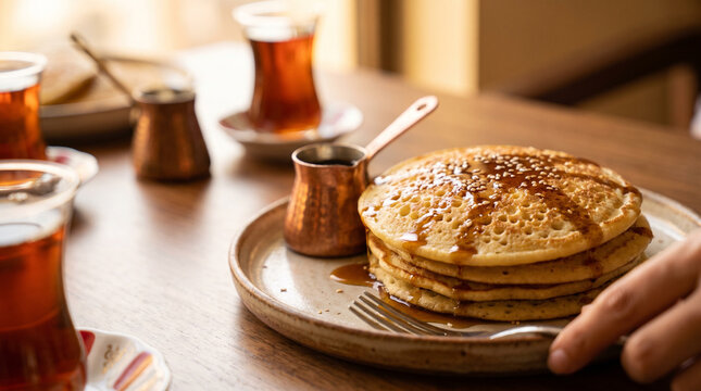 Emirati Breakfast Chebab Traditional Arabic Pancakes With Honey And Dates UAE Morning Food