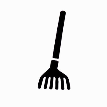 A simple black silhouette icon of a garden rake isolated on a plain white background