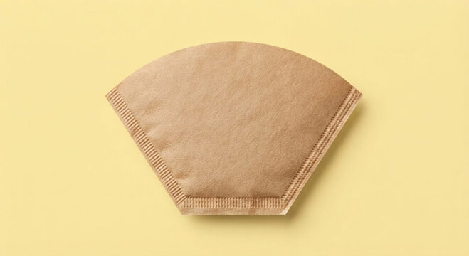 Einzelner, unbenutzter brauner Kaffeefilter aus Papier in F&auml;cherform auf hellgelbem Hintergrund