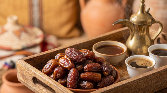 Emirati Coffee And Dates Traditional UAE Gahwa With Fresh Dates On Wooden Tray
