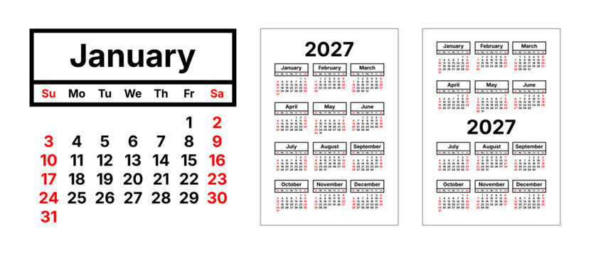 2027 pocket calendar template vector. Pocket size yearly calendar grid layout. 12 months planner with outlined text. Week starts on Sunday.