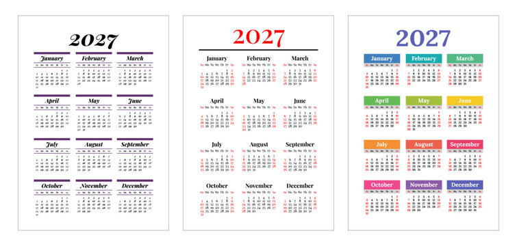 2027 pocket calendar template vector. Pocket size yearly calendar grid layout. 12 months planner with outlined text. Week starts on Sunday.