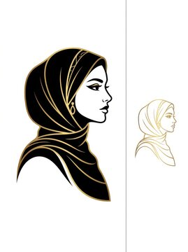 Elegant Profile Illustration of a Beautiful Muslim Woman Wearing a Hijab with Gold Accents, Vector Art for Culture.