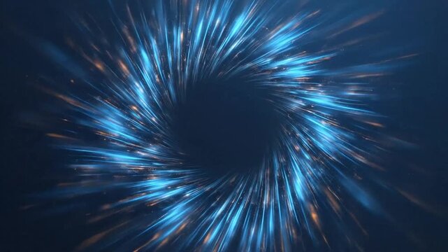 Glowing blue and orange light streaks spinning in a cosmic tunnel vortex
