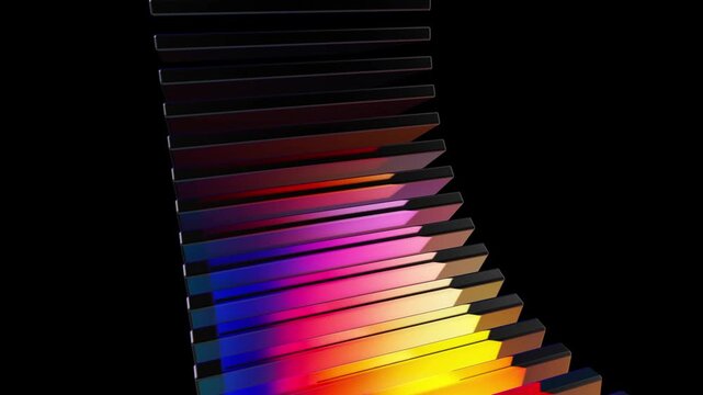 Modern Glass 3D Plates Rotating Vertical Tower Seamless Loop Video, Abstract Prism Light Refraction Motion Graphics, Futuristic Rainbow Gradient Panels Animation &ndash; Upward view of stacked transparent