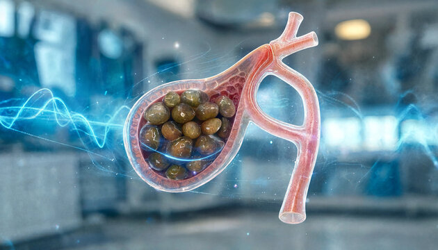 3D medical illustration of a human gallbladder filled with gallstones against a digital clinical background